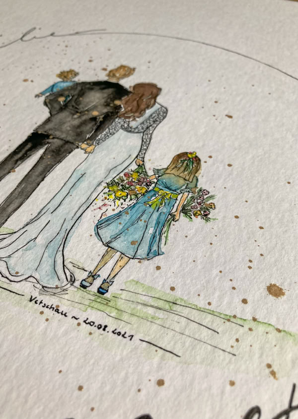 Illustration von drei Personen von hinten, ein Mann in einem Anzug, eine Frau in einem weißen Kleid und ein Kind in einem blauen Kleid, alle halten Blumensträuße.